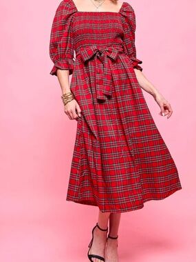 Cupshe Woman’s Square Neck Red Plaid Smocked Midi Dress Pin Up Fashion in Small